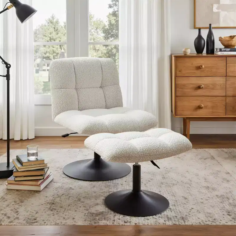 Art Leon Leisure Linen Fabric Swivel Accent Chair with Ottoman, Wood and Metal Frame