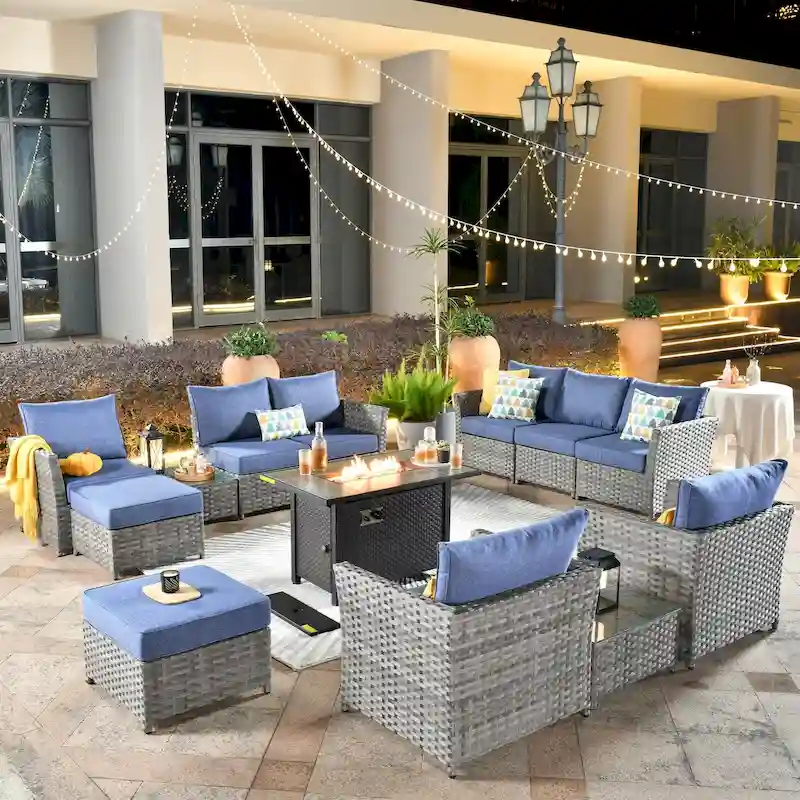 HOOOWOOO 13-piece Wicker Rattan Patio Sectional Conversation Set with Fire Pit