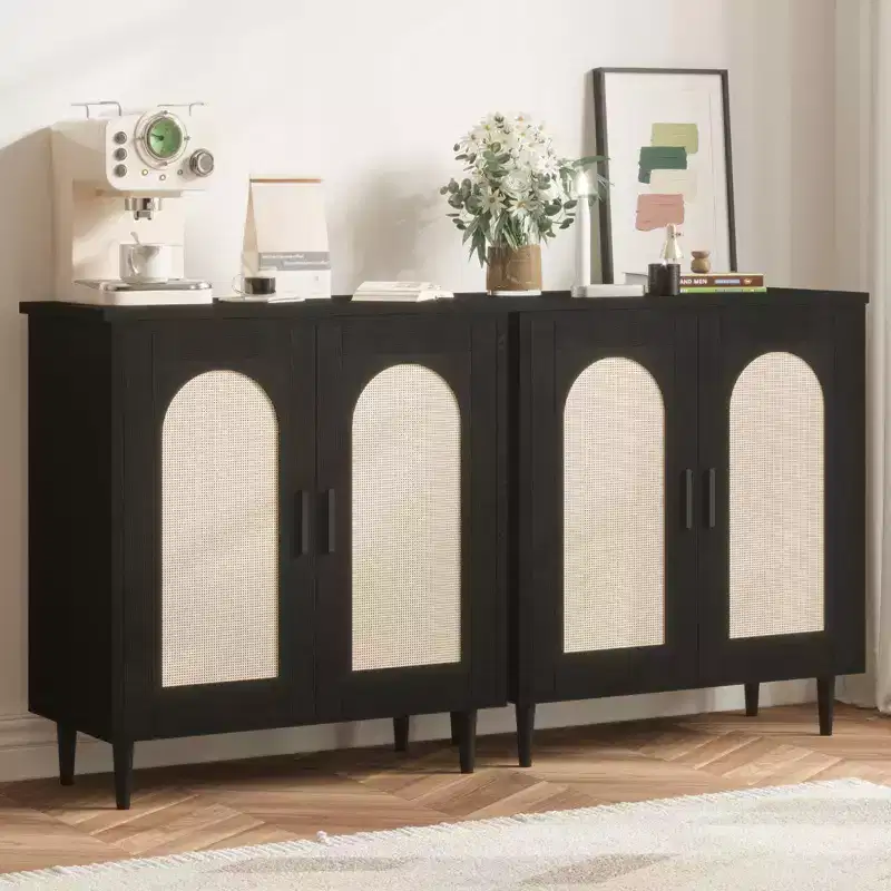 TROPOW Buffet Kitchen Storage Cabinet with Rattan, Solid Wood Feet for Living Room, Hallway, Entryway