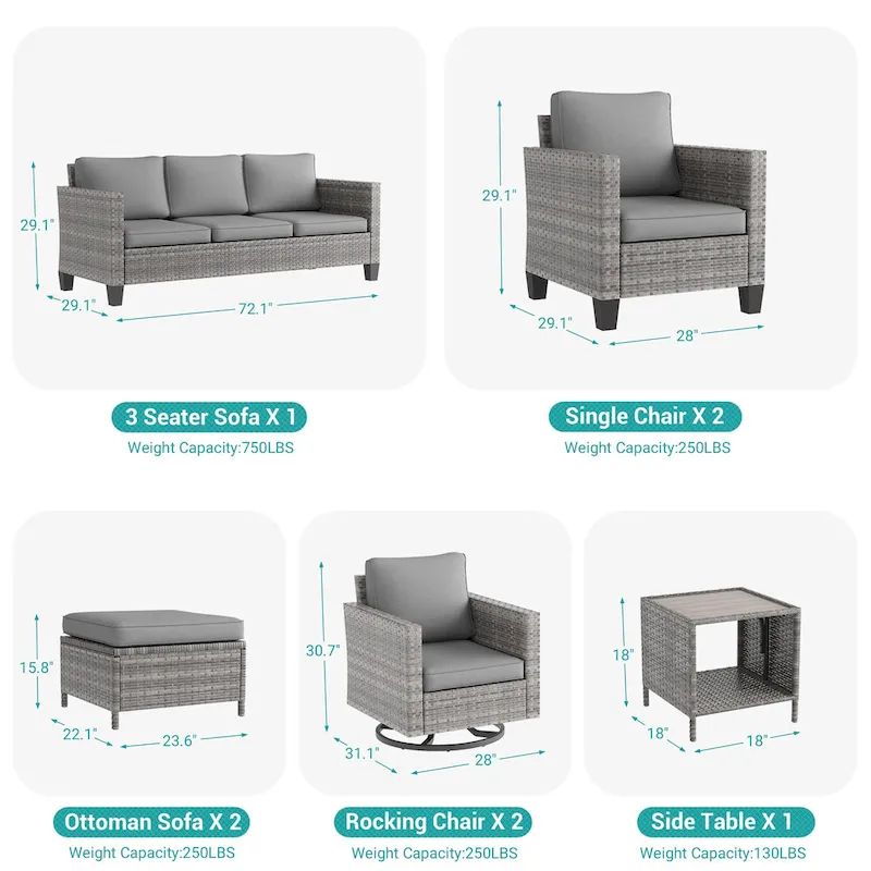 LIVOOSUN 8Pcs Patio Rocking Swivel Chair Sectional Brown Wicker Ottoman Sofa Set
