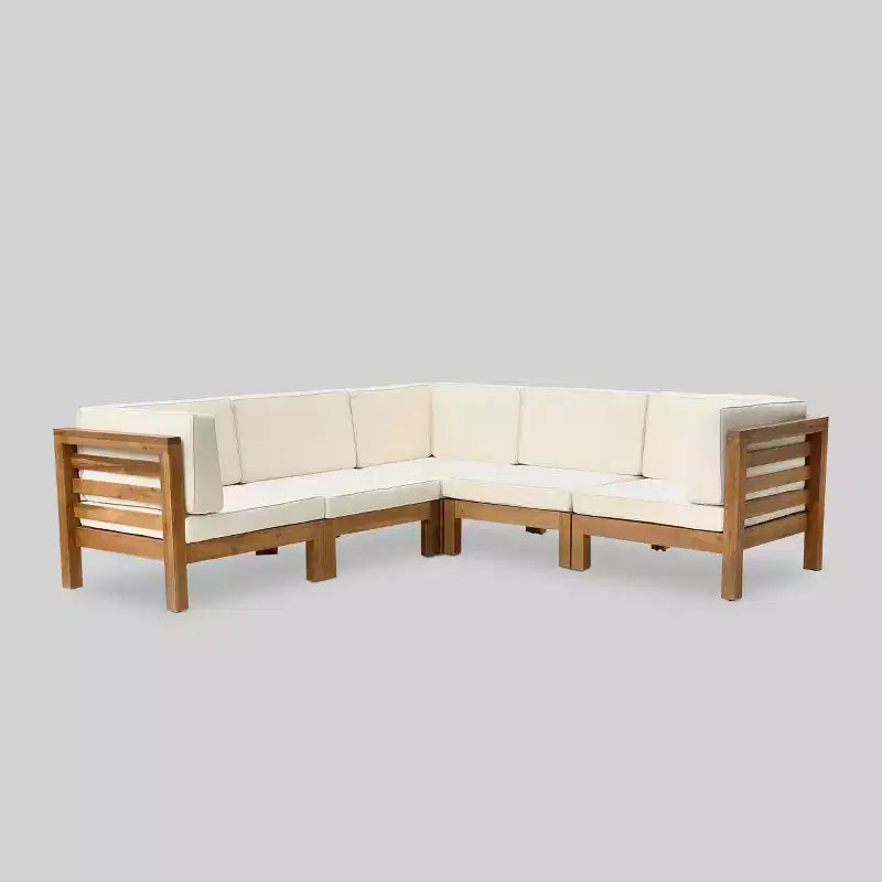 Oana 5pc Acacia Wood V-Shaped Sectional Sofa Set Teak/Beige - Christopher Knight Home: Weather-Resistant, Contemporary Design