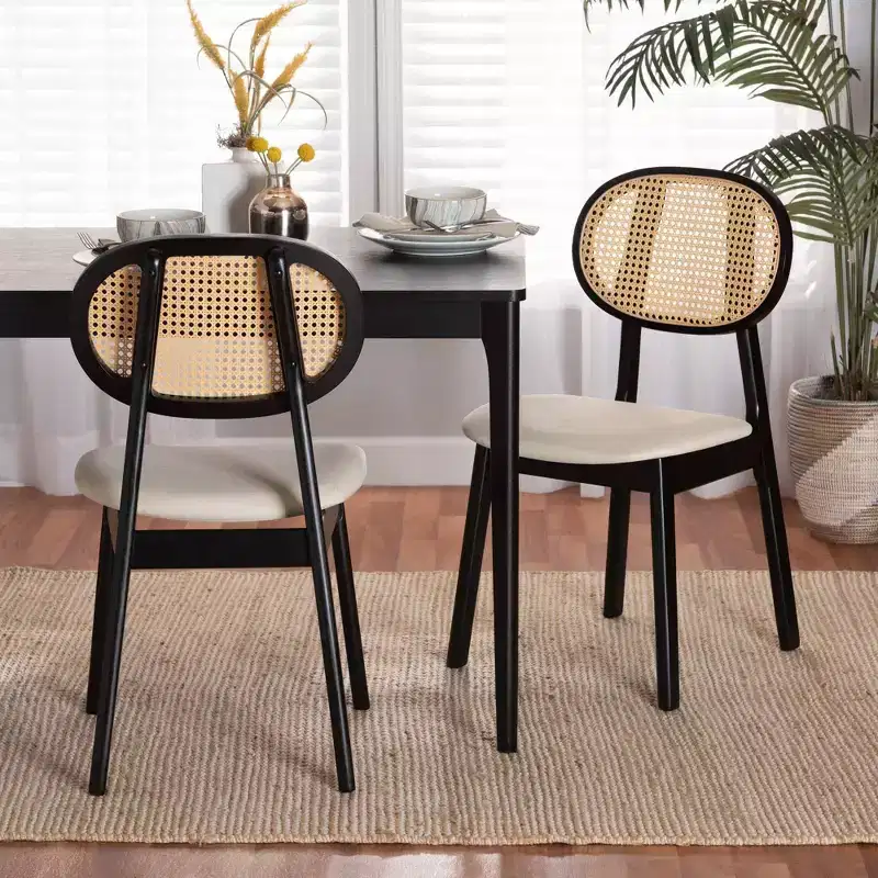 2pc Darrion Fabric and Wood Dining Chairs Cream/Black/Light Brown: Polyester Upholstery, Rubberwood Frame