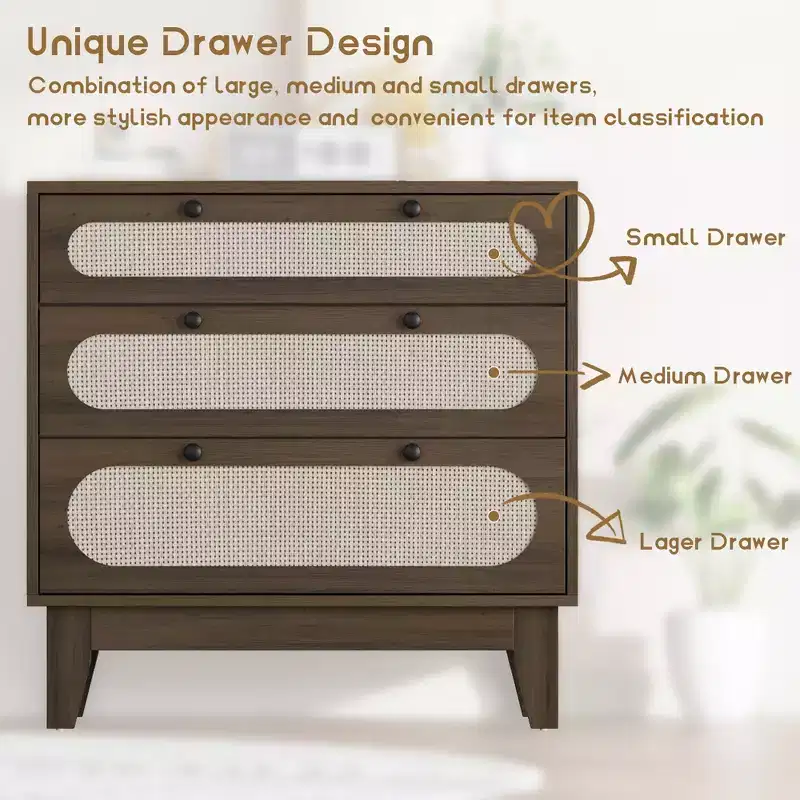 WhizMax 3 Drawer Wood Dresser, Rattan Nightstand Bedside Table