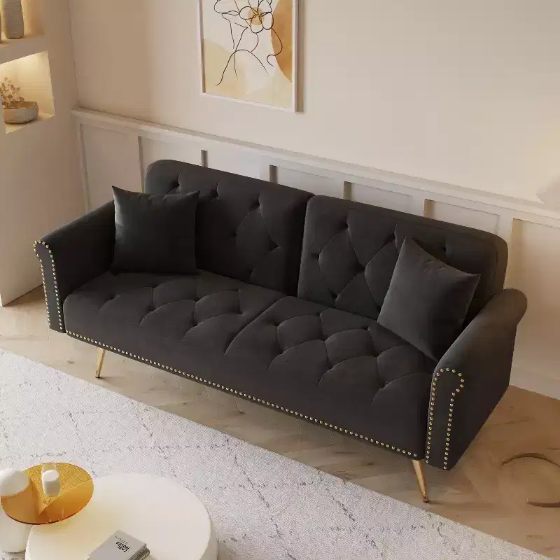 Black Velvet Fabric Sofa with Nail Head Trim and Matching Throw Pillow