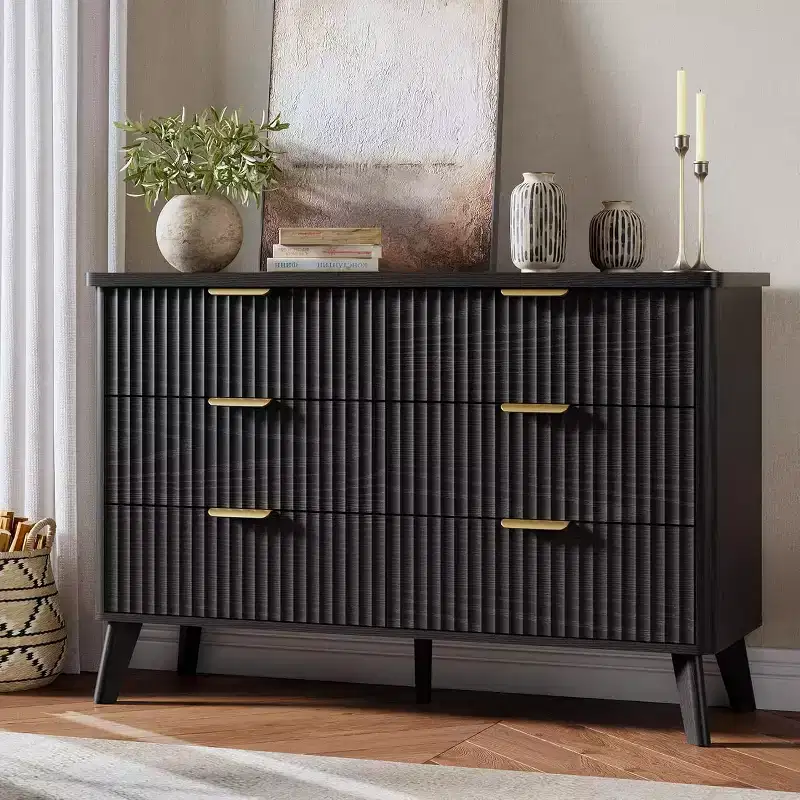 Fluted Dresser with 6 Drawers, Modern Wooden Chest with Curved Design for Bedroom Storage