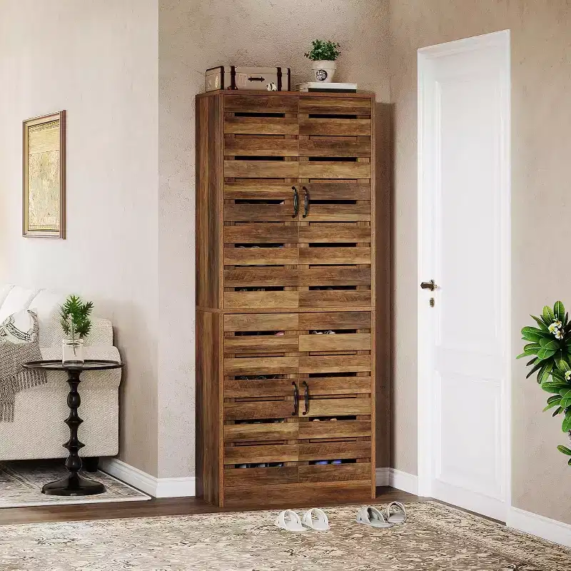 Armoire à chaussures Lantine de 70,8 cm de haut avec portes à persiennes, meuble de rangement vertical à 9 niveaux pour 27 paires de chaussures