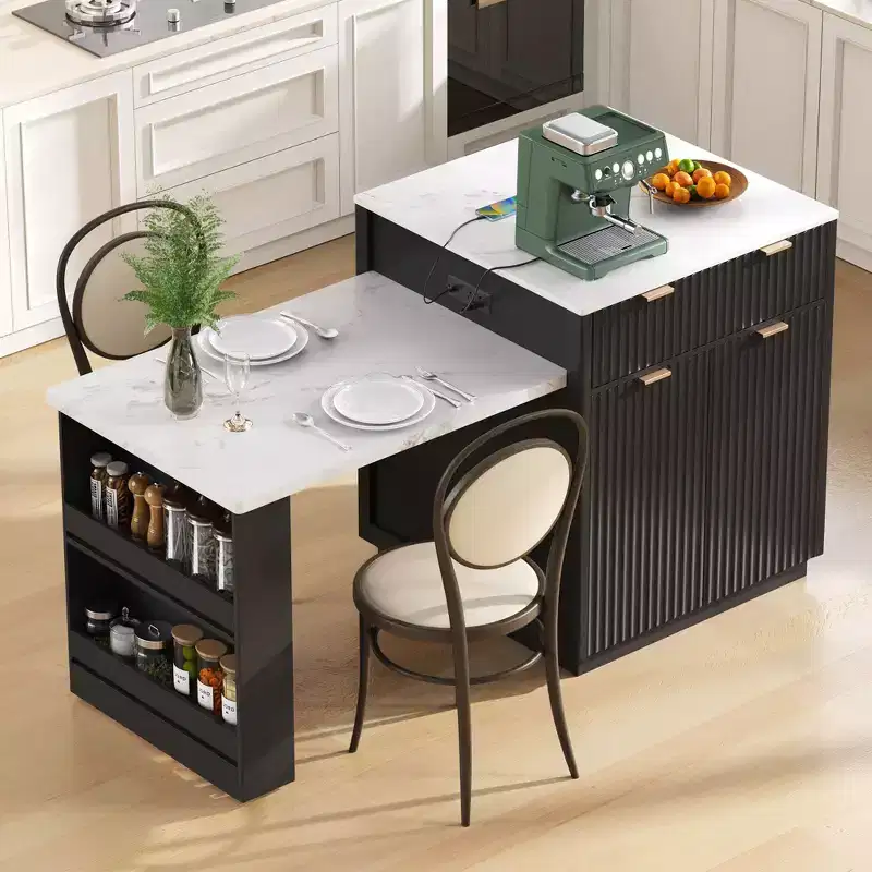 Okak Fluted Kitchen Island with Extendable Table, Countertop Organizer with Power Outlet and Double-Side Storage, Kitchen Cart for Dining Room
