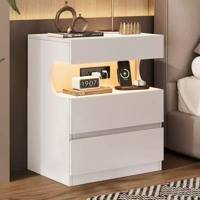 Nightstand with App-Controlled Light, Modern Bedside Table with Charging Station, 3 Drawer End Table, Night Stand for Bedroom