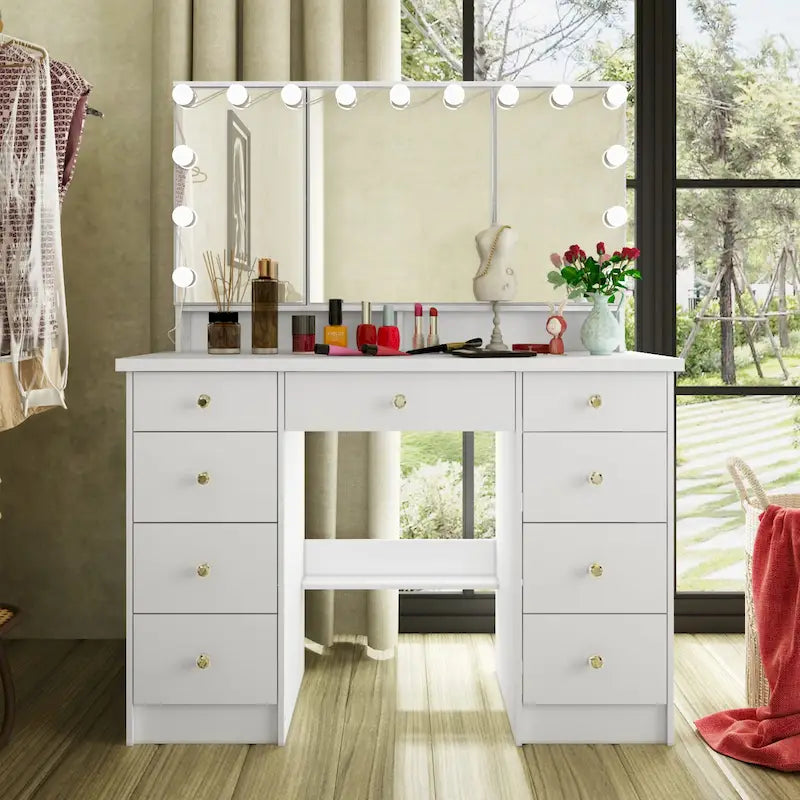 40.2W Beauty Station with 3 Mirrors Makeup Vanity for Dressing