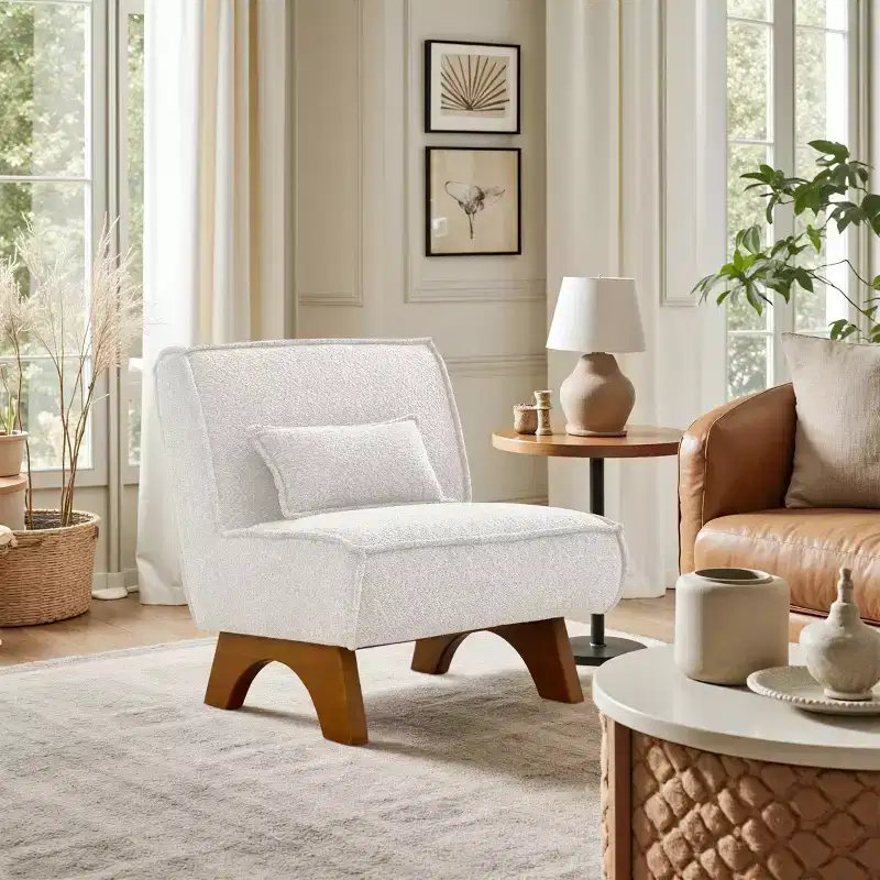 Art Leon Fabric Upholstered Accent Slipper Chair with Removable Pillow and Wood Legs