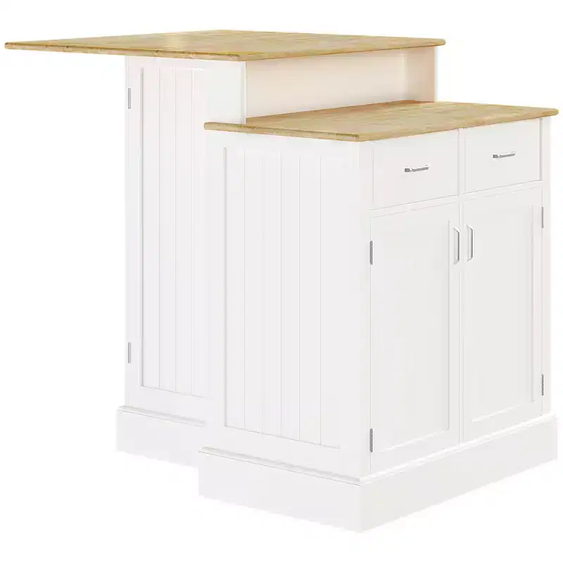 Kitchen Island with Storage Cabinet and 2-Level Rubberwood Tabletop, Adjustable Shelves and Drawers, White