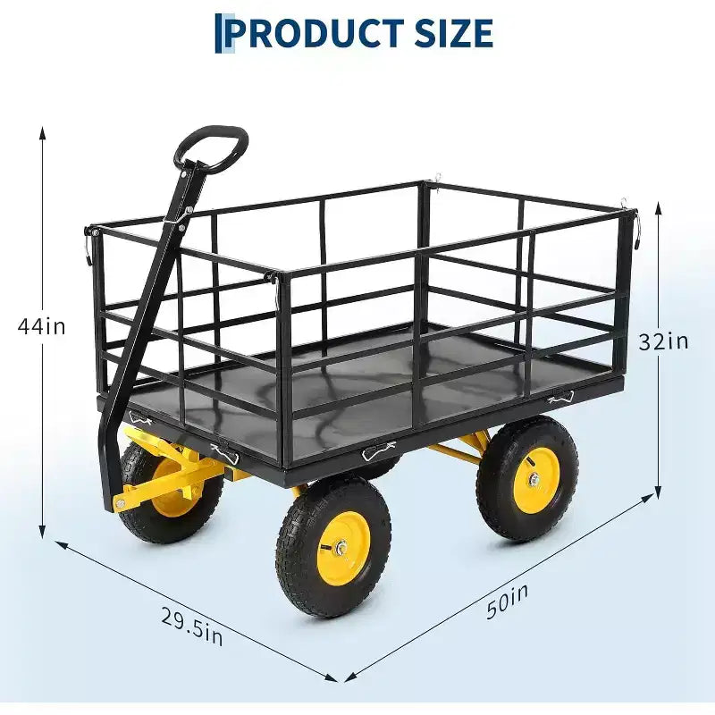 1500 Lbs Heavy Duty Steel Garden Cart, Garden Wagon Cart on Wheels, Outdoor Metal Yard Trailer Utility Wagon Carts with Mesh, Removable Sides