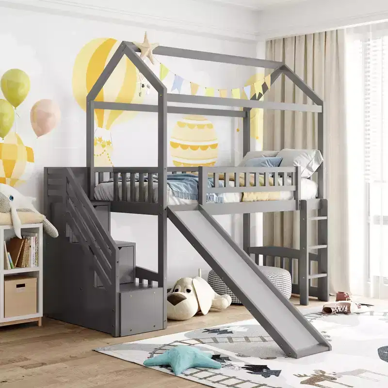 Whisen 94.20''L  93.30''W Twin Size Wood Loft Bed House Bed with Two Drawers and Slide