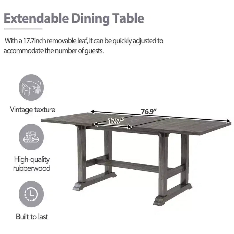 Whisen Updated 6-Piece Rustic Kitchen Extendable Dining Table Set, 76.9 Trestle Dining Table & 4 Upholstered Dining Chairs, 1 Bench