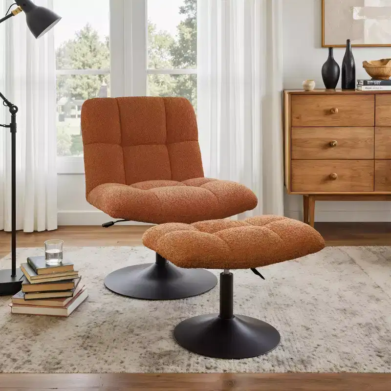 Art Leon Leisure Linen Fabric Swivel Accent Chair with Ottoman, Wood and Metal Frame