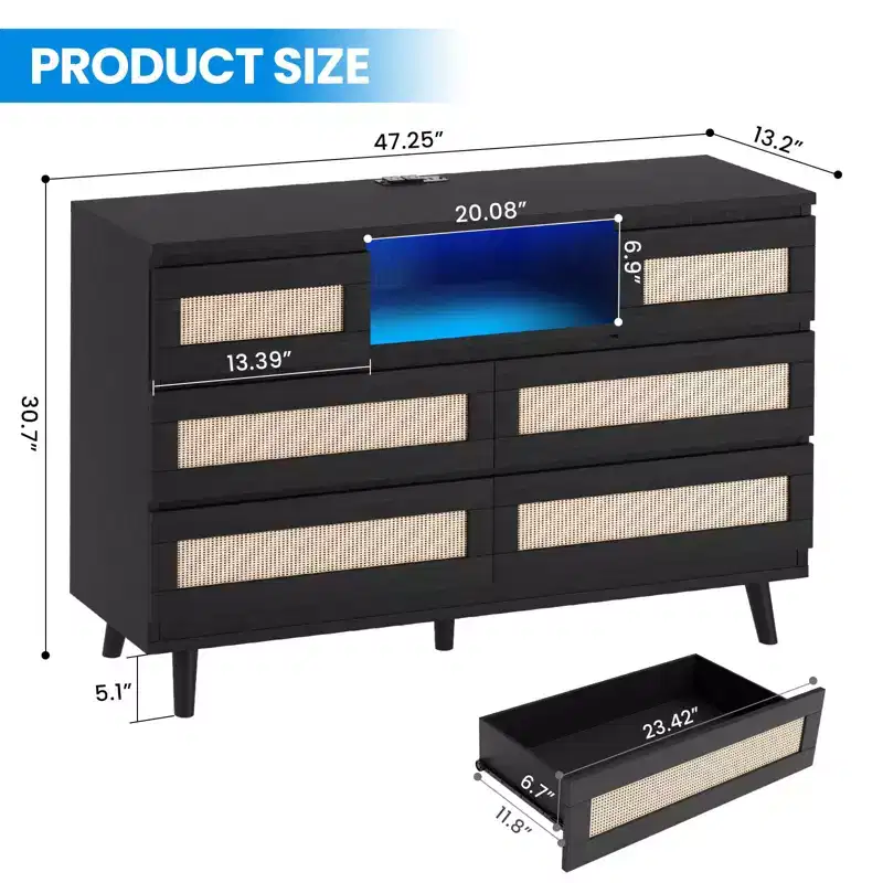 Rattan 6-Drawer Dresser with RGB Lighting and USB Charging Ports - Bedroom Storage Cabinet