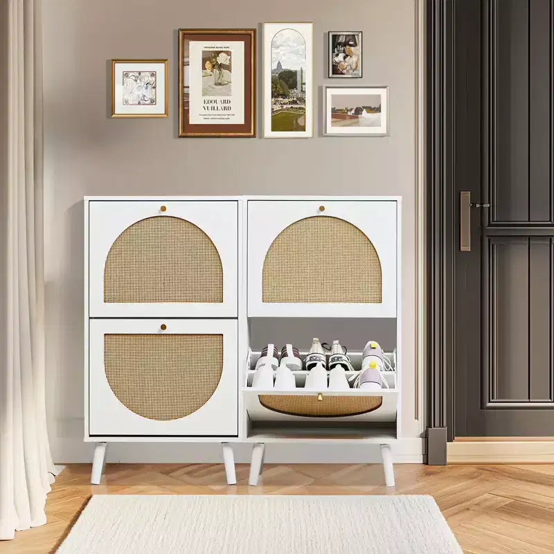 White 2-Door Flip Shoe Cabinet with Rattan Front, Holds 12 Pairs