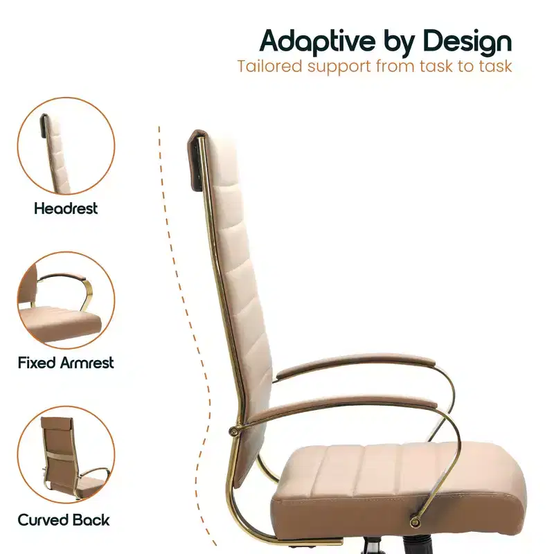 LeisureMod Benmar High-Back Ribbed Leather Office Chair - Modern Swivel & Tilt Executive Desk Chair - Gold Base