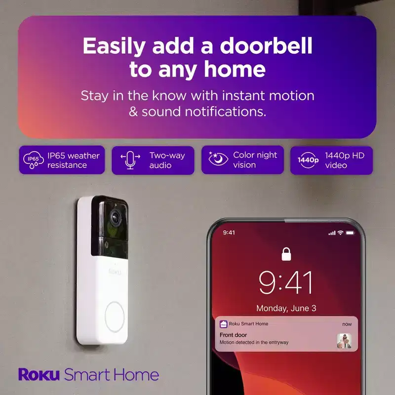 Roku Wire-free Video Doorbell & Chime with Motion & Sound Detection, Remote Monitoring, 1440p HD Night Vision