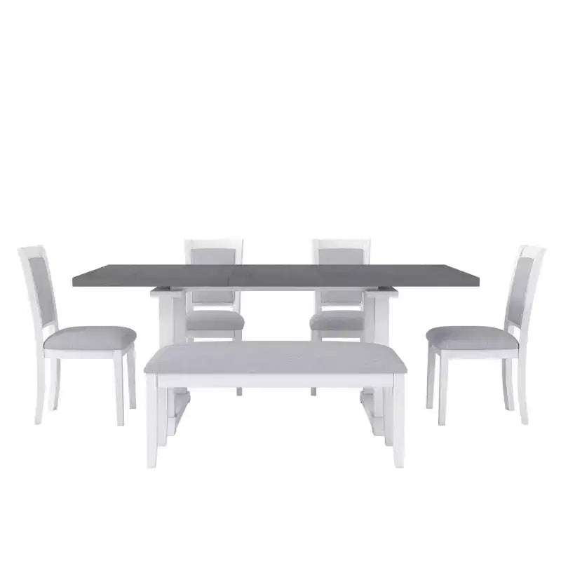 Whisen Updated 6-Piece Rustic Kitchen Extendable Dining Table Set, 76.9 Trestle Dining Table & 4 Upholstered Dining Chairs, 1 Bench