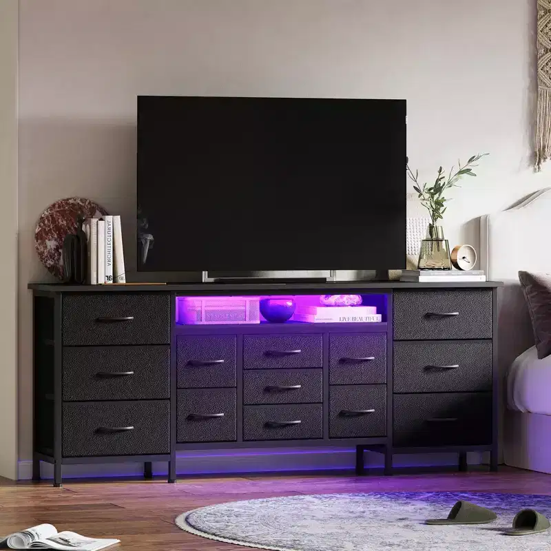 70-Inch Dresser with 13 Fabric Drawers and LED Lights, Wide TV Stand Chest with Metal Frame for Bedroom and Living Room