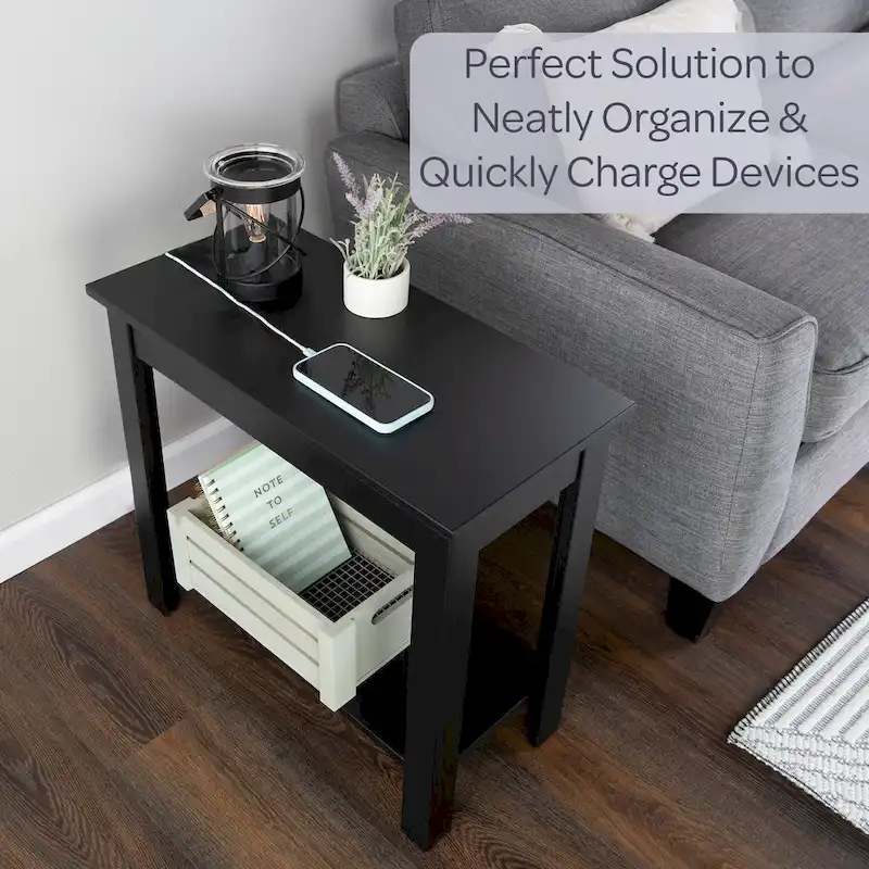 Narrow Side Table with Charging Station and Storage Shelf