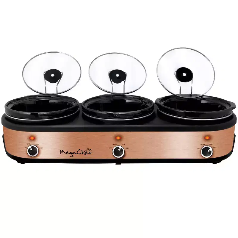 MegaChef Triple 2.5 Quart Slow Cooker and Buffet Server Brushed Copper