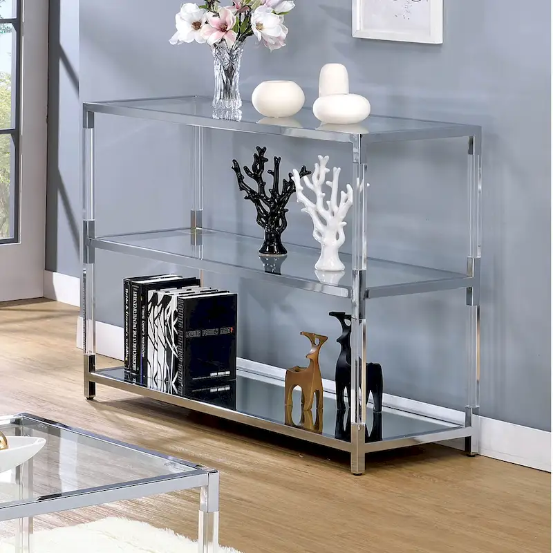 Contemporary Chrome 48-inch Glass 2-Shelf Sofa Table