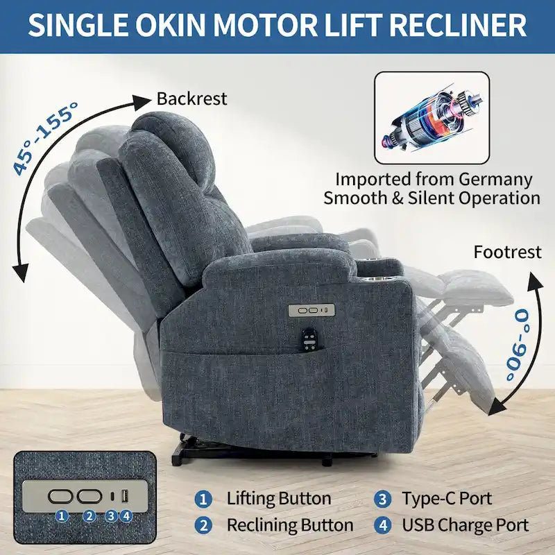 Power Lift Recliner | 8-Point Massage | Lumbar Heat | Dual USB | Steel Cup Holders | Blue