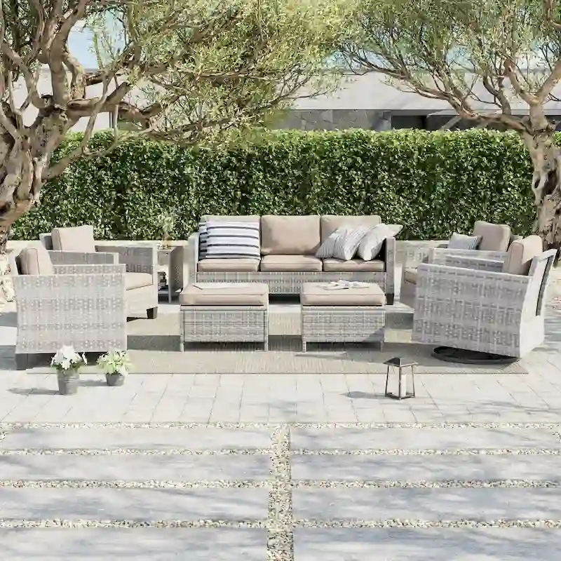 LIVOOSUN 8Pcs Patio Rocking Swivel Chair Sectional Brown Wicker Ottoman Sofa Set