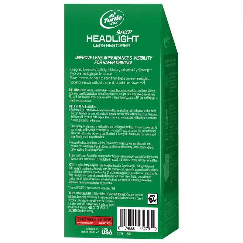 Turtle Wax Headlight Lens Restorer Kit: Liquid Cleaner for Headlamp Refurbishment & Conditioning, Prevents Discoloration