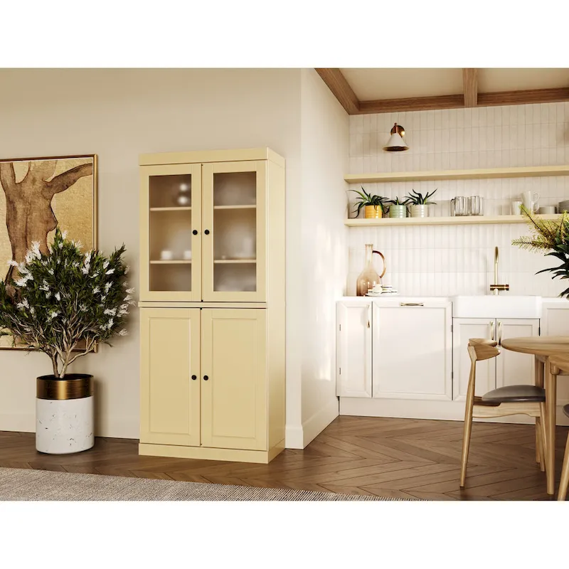 Armoire de rangement 100 % bois massif avec portes en verre dépoli, portes pleines, 2 tiroirs et étagères réglables.