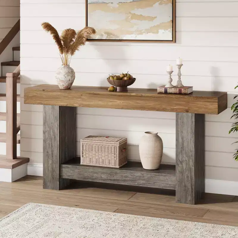 Entryway Console Table, Farmhouse 2-Tier Entryway Table, Long Sofa Accent Table Behind Couch Table