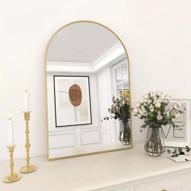 24 x 36 Arched Mantle Mirror, Black/Gold-HOMLUX: Metal Frame, Wall Mount, Modern Decor