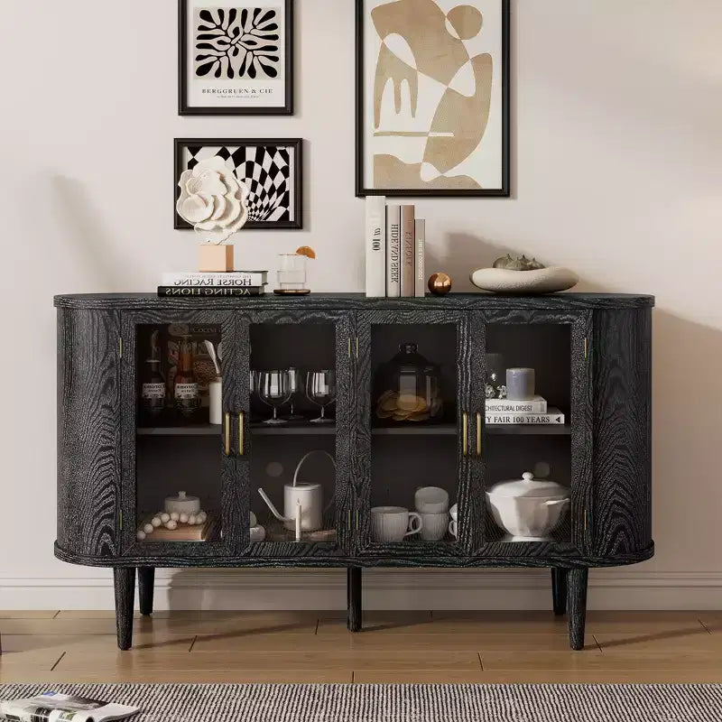 MAYEERTY Sideboard Storage Cabinst Wood with Glass Doors Adjustable Shelves for Living Room Kitchen Black