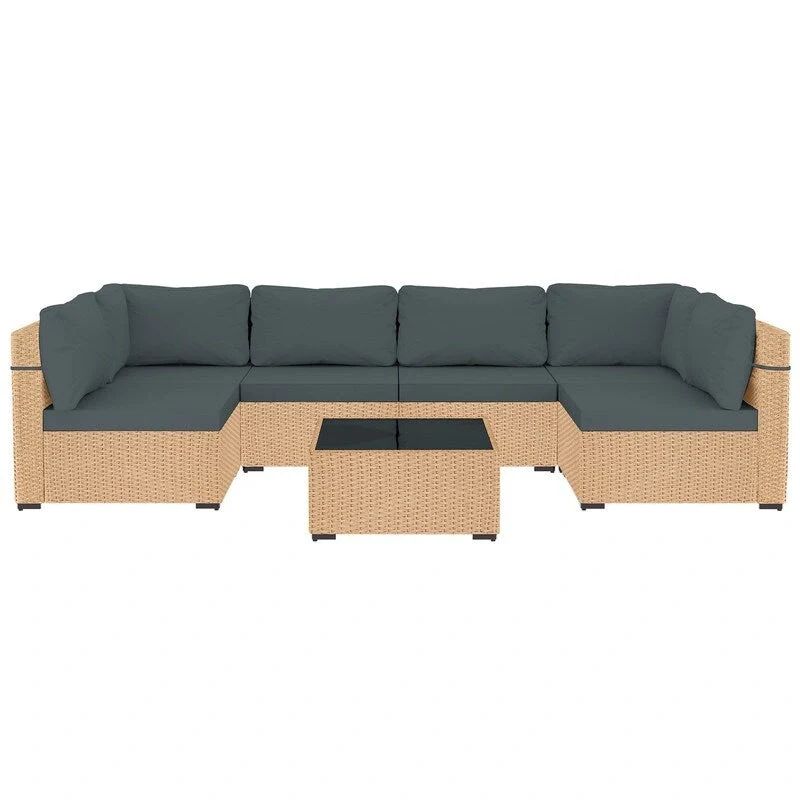 Patio Watcher 7-Piece Patio Yellow Wicker Sectional Seating Group with Cusions and Side Table
