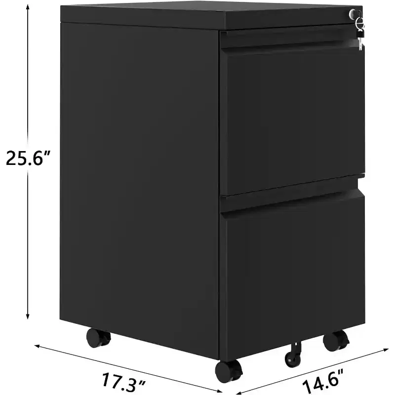 File Cabinet 2-Drawer On Wheels, Under Desk Metal Rolling Filing Cabinets with Lock, Small Rolling File Storage for Home Office, Black