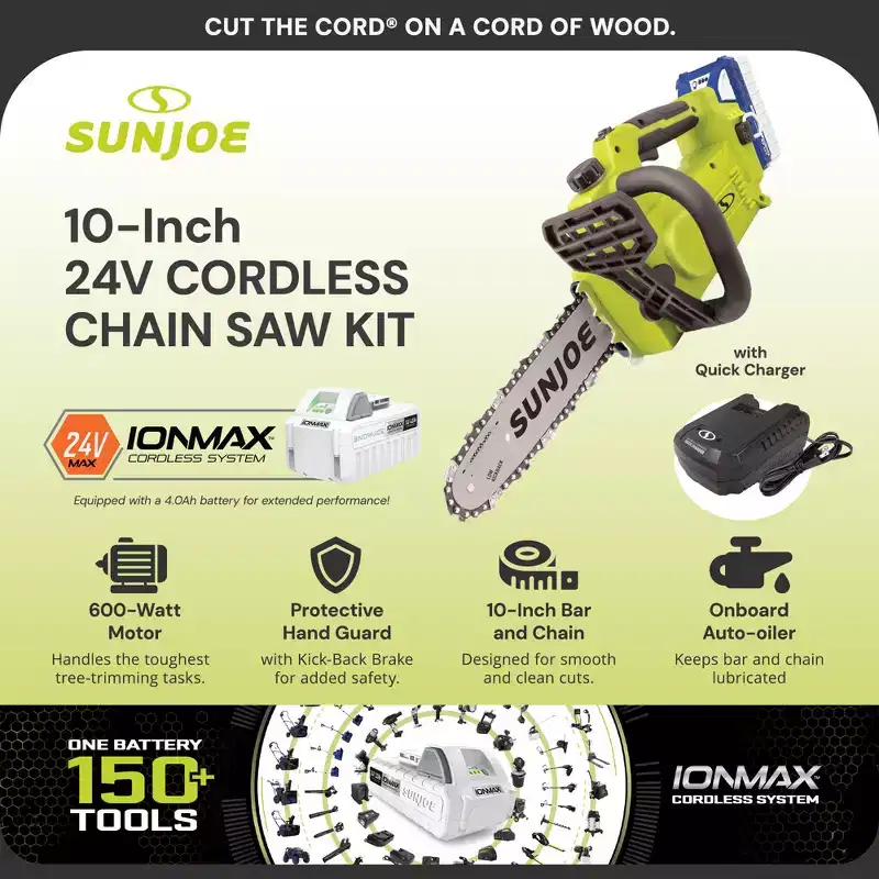 Sun Joe 10 Cordless Chain Saw, 24V Tree Trunks and Log Cutting Tool Kit with Battery and Charger for Branches up to 9.5 Thick, 24V-10CS