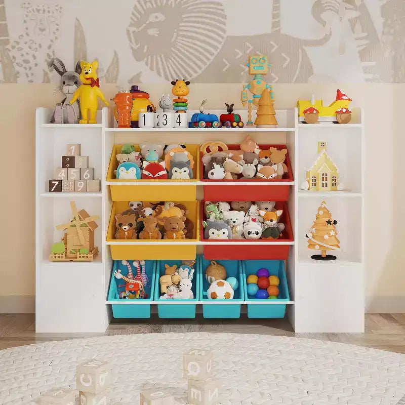Acekool Toy Storage Organizer with 8 Removable Bins and 6 Cubbies, Kids Bookshelf for Playroom or Bedroom, White