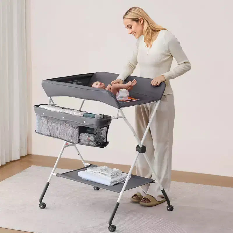 VEVOR Baby Changing Table, Foldable Diaper Change Station with Side Basket,Lockable Wheels, Multi-Functional Storage Organizer Nursery,Dark Gray