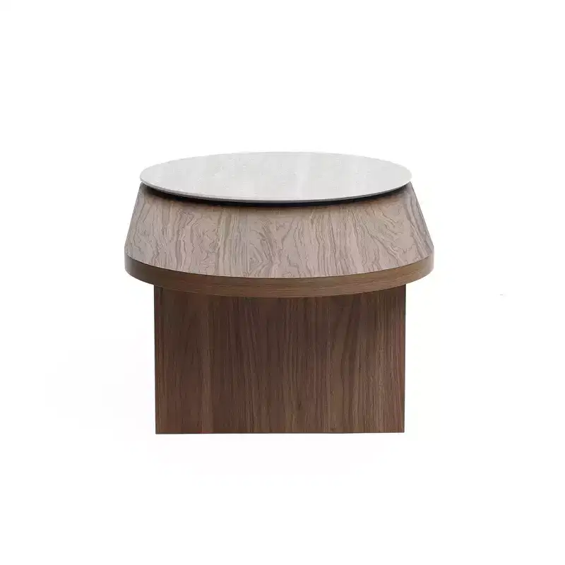 LuxenHome Travertine-Style and Walnut Finish MDF Wood Oval Coffee Table Brown