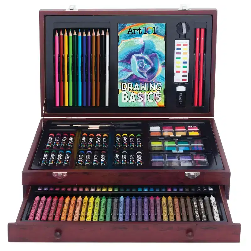 136pc Draw + Color + Paint Art Set in Wood Case - Art 101: Art Supplies Kit for Kids, Drawing & Craft Activity
