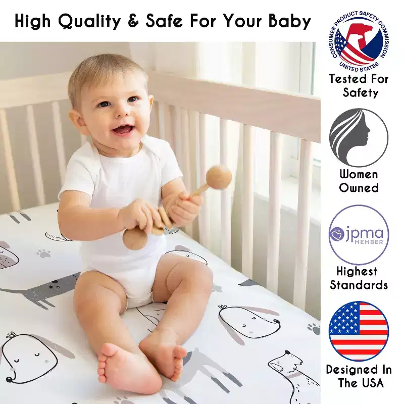 Sweet Jojo Designs Boy, Girl, Unisex/Gender Neutral Fitted Crib Sheets Cartoon Puppy Grey Taupe and Blue 3pc