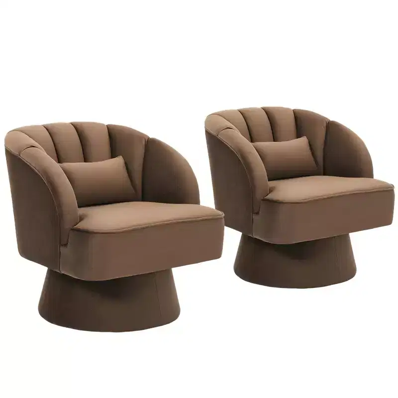 Modern Swivel Barrel Accent Chair, 360 Degree Velvet Upholstered Armchair with Striped Backrest & Plush Padding, Comfy Round Lounge Chair 2 PCS