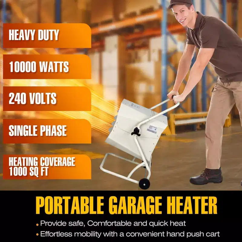 DR. INFRARED HEATER DR-910M, 240V 10000W Heavy-Duty Hardwired Shop Garage Heater with Cart and Adjustable Thermostat, White