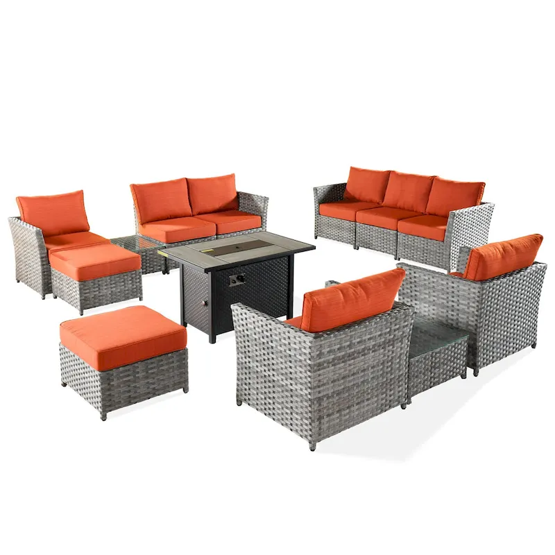 HOOOWOOO 13-piece Wicker Rattan Patio Sectional Conversation Set with Fire Pit