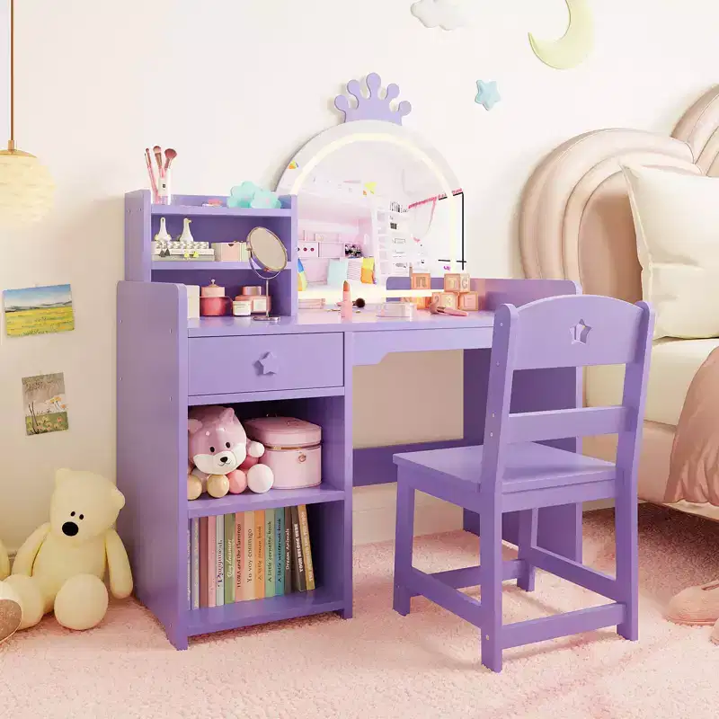 Childrens Lighted Dressing Table Set with Mirror, Kids Vanity Desk with 3 Drawers, Open Shelves & Spacious Tabletop for Bedroom/Playroom, Purple