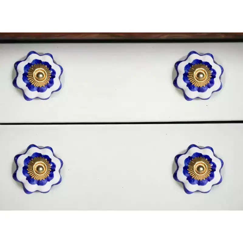HomeRoots Set of Eight Blue And White Ceramic And Metal Drawer Pull Knobs
