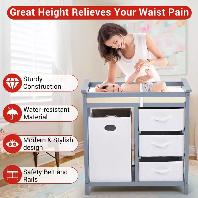 36 Modern Baby Changing Table Dresser with 3 Drawers & Laundry Hamper  Nursery Furniture