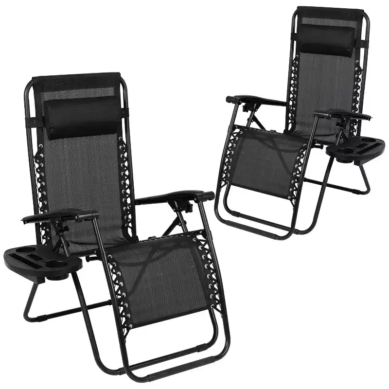 Flash Furniture Adjustable Folding Mesh Zero Gravity Reclining Lounge Chair with Pillow and Cup Holder Tray, Set of 2